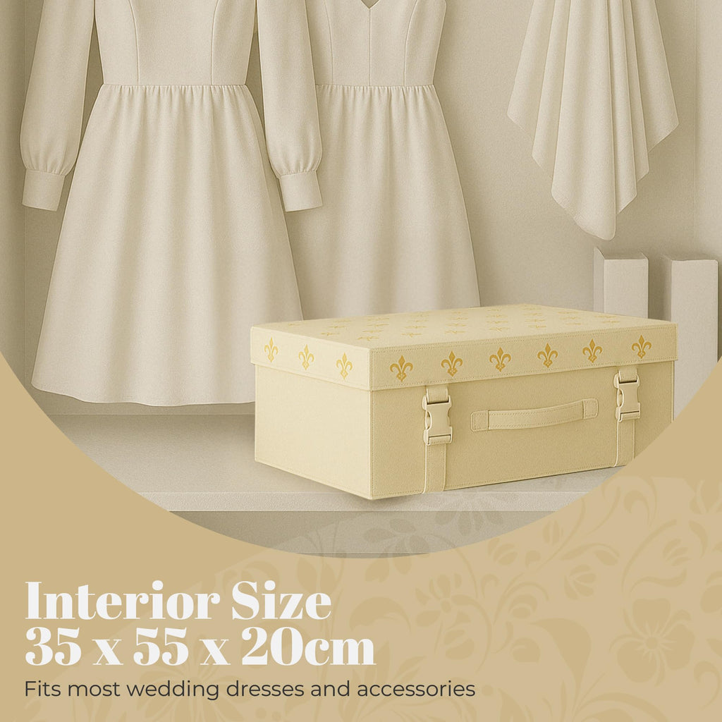 HANGERWORLD Wedding Dress Storage Box with Acid Free Tissue - Medium, Ivory Gold Fleur de Lis Pattern