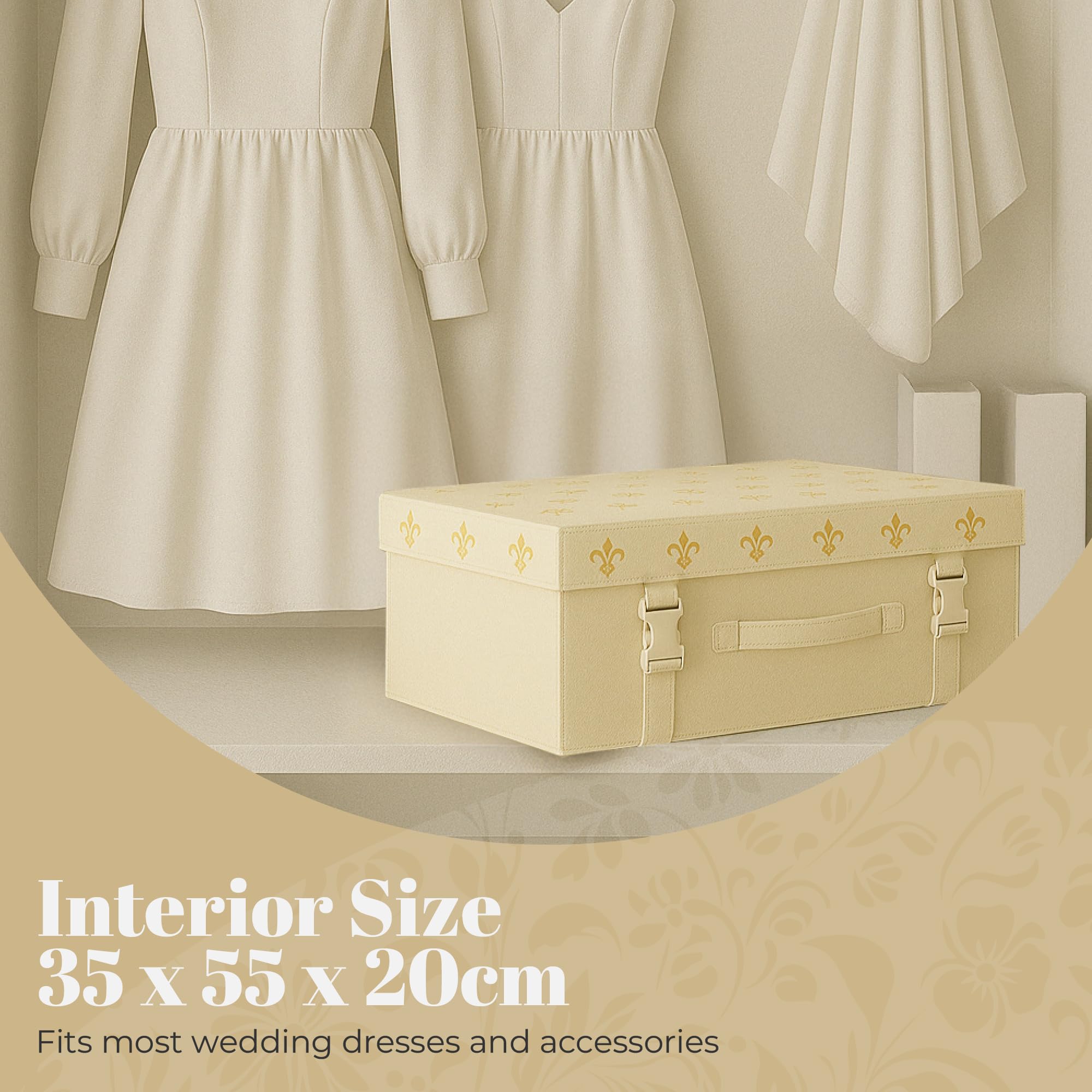 HANGERWORLD Wedding Dress Storage Box with Acid Free Tissue - Medium, Ivory Gold Fleur de Lis Pattern