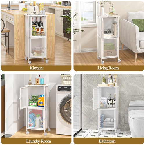 Small Bathroom Storage Cabinet with Movable Wheels, Wooden Bathroom Standing Shelf with 2 Metal Doors, Slim Bathroom Storage Cart for Small Spaces, Laundry, Kitchen, Narrow stand Storage Unit, White