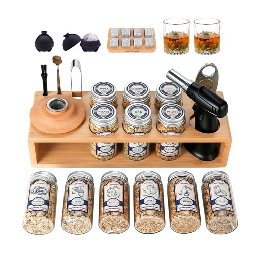HMYBAR®26pcs Whiskey Smoker Kit with Torch | Cocktail Smoker Infuser Kit | Old Fashioned Drink Smoker Kit | Bourbon Whiskey Gift.Great Gift for Dad, Husband. Bamb Stand Natural Color. (No Butane)