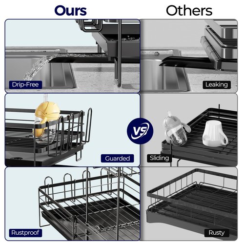 Pantasia 2 Tier Large Dish Drying Rack, Expandable Dish Rack for Kitchen Counter, Dish Drainer with Drainboard Set, Multifunctional Dishrack with Utensil Holder & Cup Holder, 13.4"-28.7" L x 11.8" W