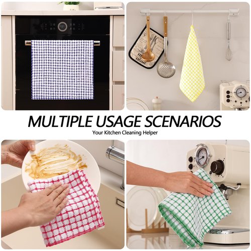 Homaxy Kitchen Towels and Dishcloths Set, 16 x 25 and 12 x 12 Inches, Set of 8 Cotton Terry Kitchen Dish Towels, Super Soft and Absorbent Dish Cloths, Blue/Yellow/Red/Green