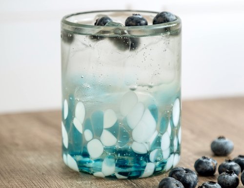 Handmade con Amor - 12 oz Hand Blown Mexican Drinking Glasses - Set of 6 tumblers, 11-13 fl oz each, Ocean Blue Confetti