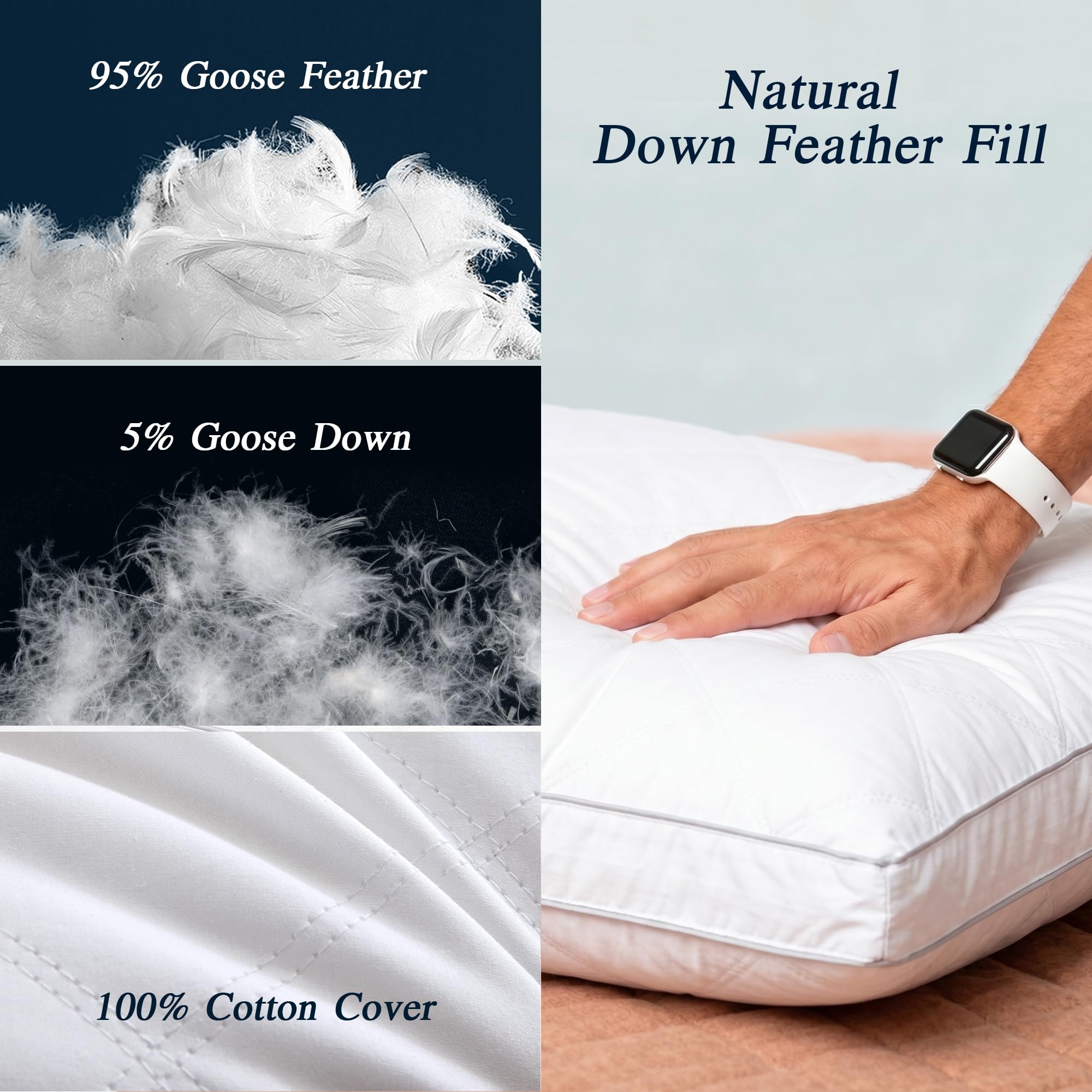 puredown® Made in USA Goose Feather Down Gusseted Pillows,100% Cotton Cover, Pillows Queen Size Set of 2, Hotel Pillow Luxury Gusseted Bed Pillows for Sleeping