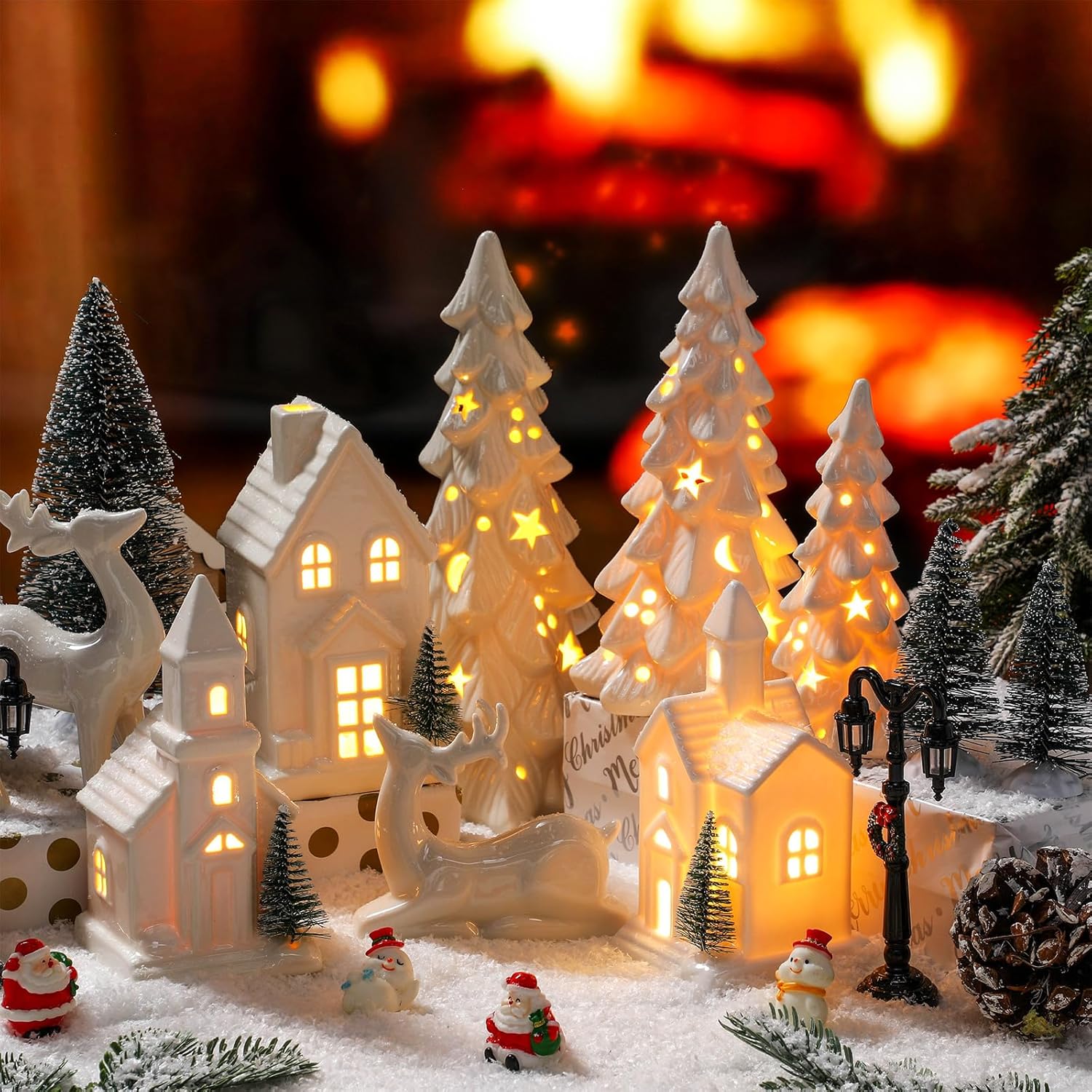 Nuogo 14-Piece Ceramic White LED Christmas Village Houses Set | Includes Tree & Reindeer Figurine