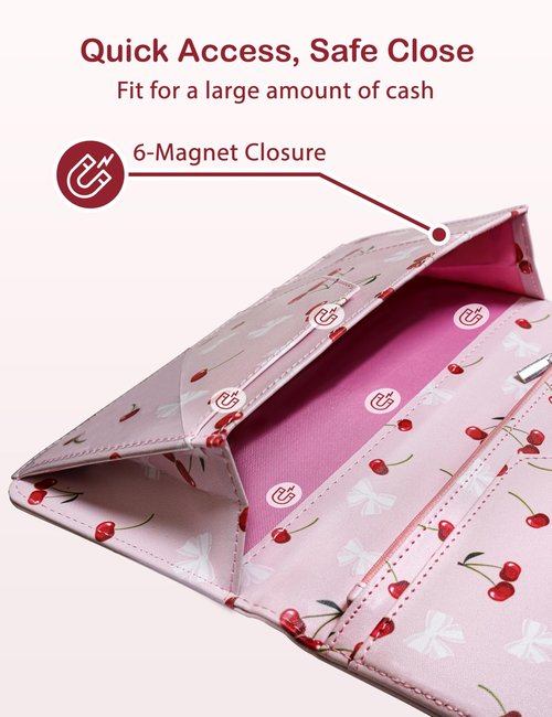 Zreal Cute Server Book for Waitress, Waiter Book with Zipper and Magnetic Pocket, Cherry & Bow Print Serving Book for Waitstaff in Restaurants, Leather Waitstaff Organizer Fits Server Aprons(Pink)