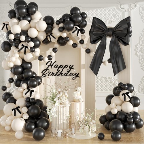 Black Sand White Balloon Garland Arch Kit, Coquette Birthday Decorations 158Pcs Black Bow Long Balloons Sand White Balloons Different Size for Wedding Bridal Engagement Bachelorette Party Decorations