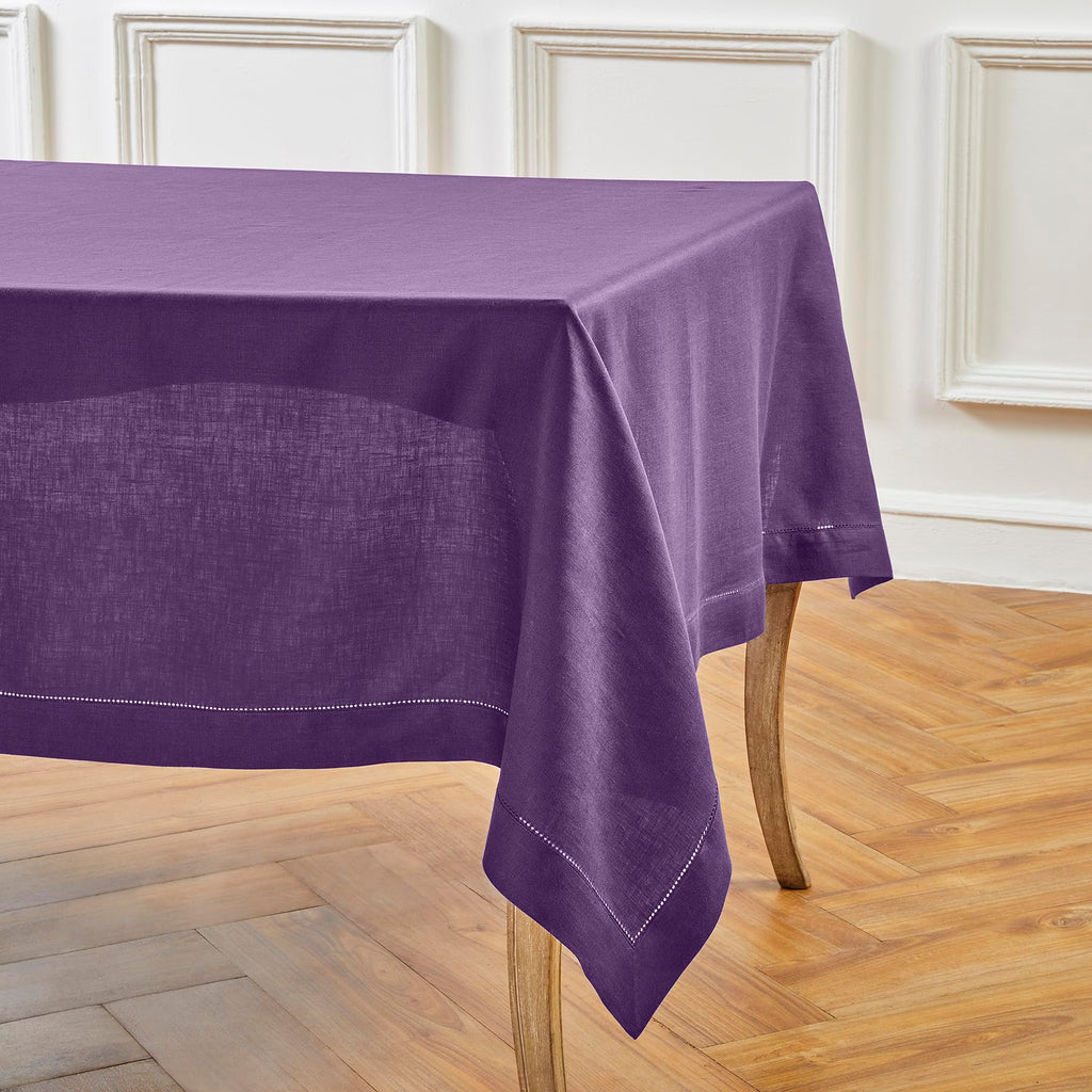 Solino Home Linen Purple Tablecloth 54 x 72 Inch - Classic Hemstitch, 100% Pure Linen Rectangular Tablecloth - Machine Washable Table Cloth for Mothers Day, Spring, Summer