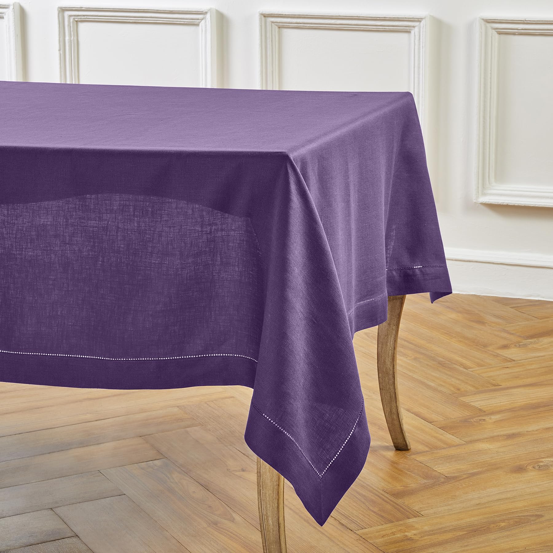 Solino Home Linen Purple Tablecloth 54 x 72 Inch - Classic Hemstitch, 100% Pure Linen Rectangular Tablecloth - Machine Washable Table Cloth for Mothers Day, Spring, Summer
