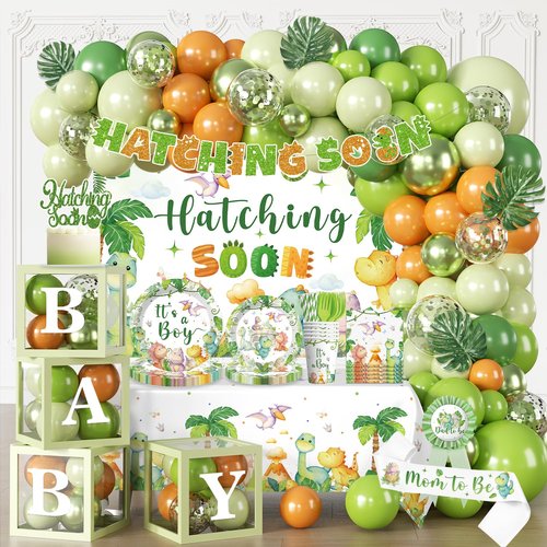 cocomigo 280PCS Dinosaur Baby Shower Decorations, 25 Dinosaur Theme Tableware, Includes It's A Boy Plates and Napkins, Backdrop, Balloon Kit for Hatching Soon Baby Shower Decorations