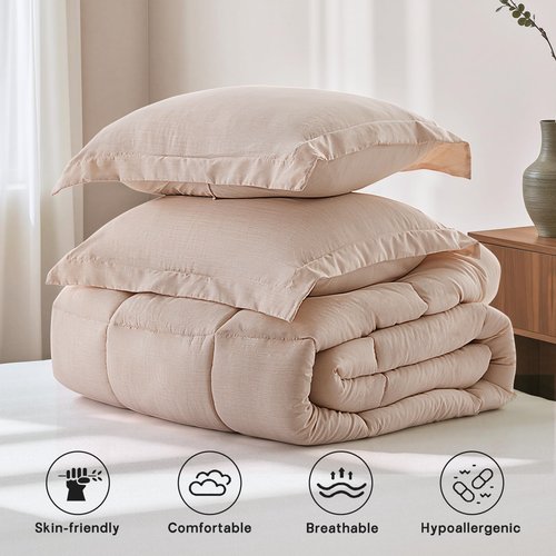 NexHome Queen Comforter Set 3 Pieces Beige Soft Luxury Cationic Dyeing Comforter for All Season, Lightweight Breathable Fluffy Beige Bedding Sets with 1 Comforter and 2 Pillow Shams Queen