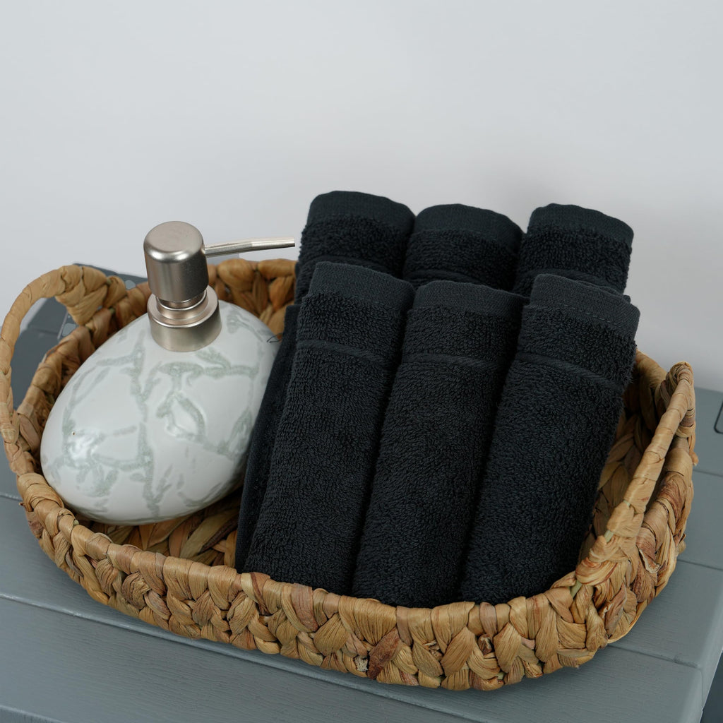 Tens Towels Pack of 24 Washcloths, 12 x 12 Inches, Lighter Weight, Quick to Dry, Super Soft & Absorbent, Gentle Face Towels, Hotel Quality, Perfect for Bathroom, Gym, Spa (Black, 24 Pack)