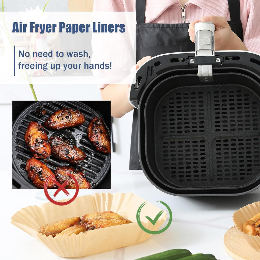 Skiennix Thick Air Fryer Paper Liners - Non-Stick Disposable Parchment Paper, 100PCS, 6.5 Inch Square