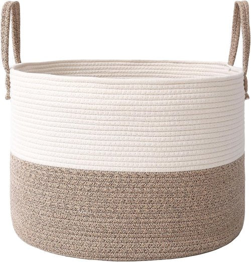 JMvicyroam 65L Extra Large Blanket Basket - Woven Cotton Rope Laundry Hamper with Reinforced Handles | Machine Washable, White & Brown