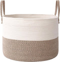 JMvicyroam 65L Extra Large Blanket Basket - Woven Cotton Rope Laundry Hamper with Reinforced Handles | Machine Washable, White & Brown