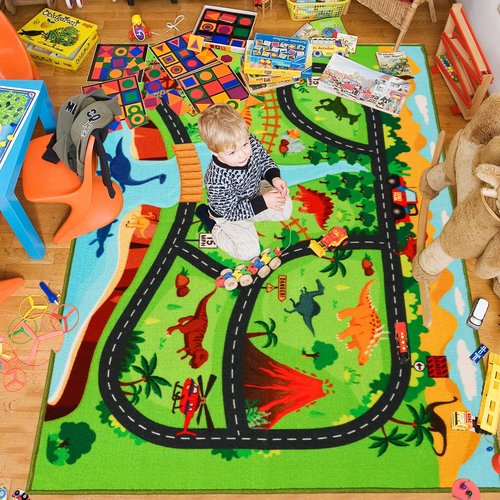 Kids Carpet Playmat Rug,59"X39.4" Dinosaur Car Rugs for Kids Toy Cars,Non Slip Dino Safari Road Map Kid Rug for Playroom Bedroom Boys,Kid Play Mat Road Carpet,Track Rug Car Play Carpet for Kids