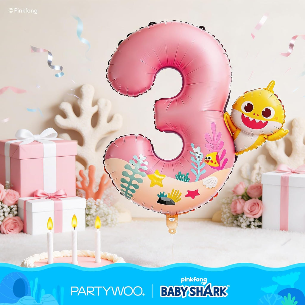 PartyWoo Baby Shark Pink Foil Number 3 Balloon - 40 Inch Mylar Helium Birthday Decoration for Kids