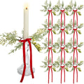 Suncalla Christmas Pine Taper Candle Rings - 12 Pcs Velvet Bow Mini Holders | 1.38 Inch Burgundy Decor