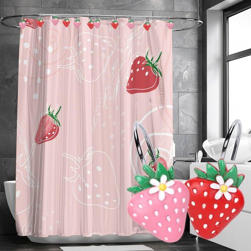 Whaline 12Pcs Strawberry Daisy Shower Curtain Hooks Red Pink Strawberry Summer Shower Rod Rings Decorative Resin Curtain Hanger Hooks for Living Room Bedroom Bathroom Decor