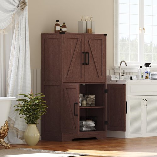 Treocho Bathroom Floor Cabinet, Farmhouse Bathroom Storage Cabinet with Doors and Adjustable Shelves, Freestanding Kitchen Pantry Cabinet, Cupboard for Living Room, Dining Room, Walnut