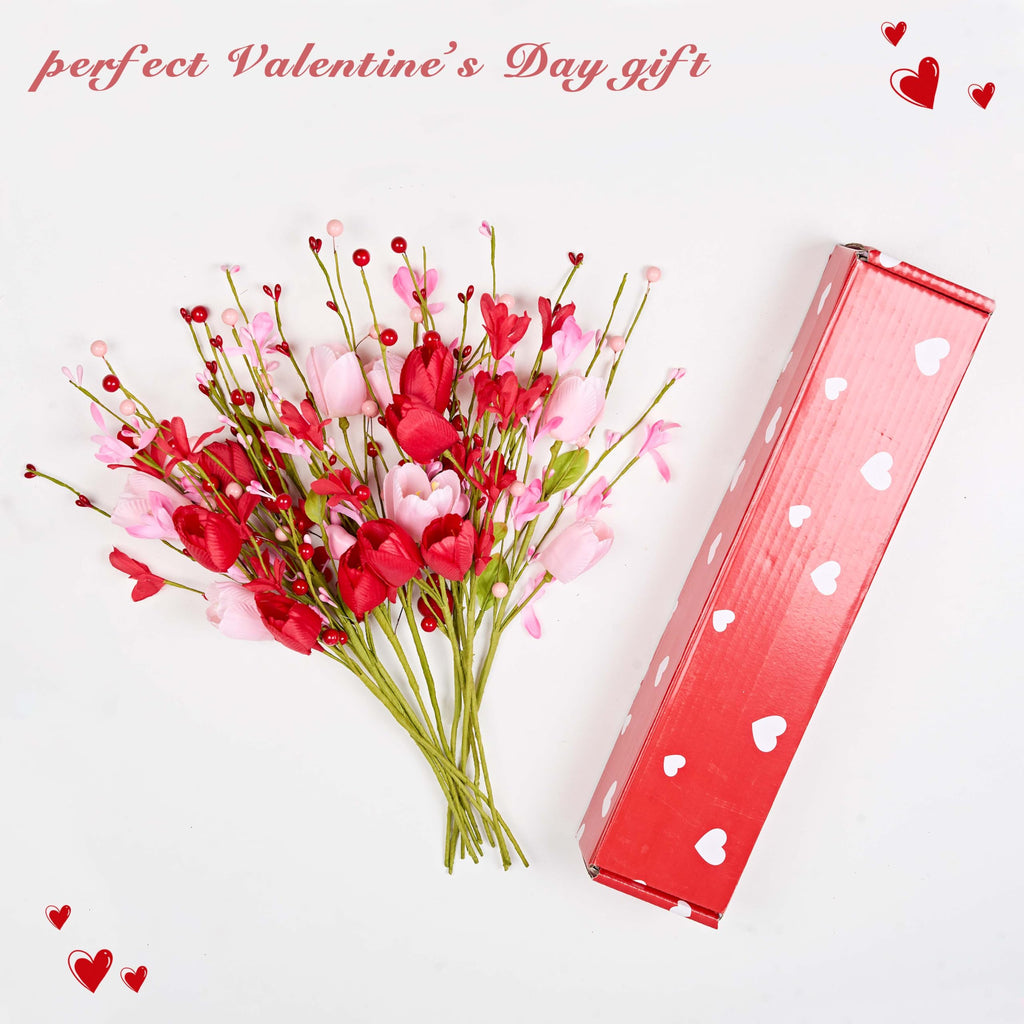 WSTPUPU Valentine's Day Gifts 12 Pack Artifcial Valentine Decorations 17 Inch Valentines Day Pink Picks with Red Tulip Pink Love Heart Berries for Valentine Wedding Anniversary Party Decor