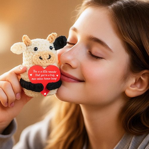 YUEYUQIU Mini Funny Inspirational Positive Crochet Cow Gifts - Thank You Appreciation Gift for Women Men Coworker Friends Teens Girl Teacher Mom - Handmade Small Cow Present for Christmas Birthday