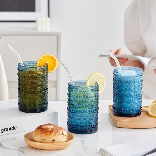 HomeVogue Vintage Hobnail Drinking Glasses Set of 12, 15oz Textured Tumblers - Embossed Blue Bar Glasses for Cocktails, Beer, Whiskey, Dishwasher-Safe Highball Cups for Kitchen, Juice & Mixed Drinks