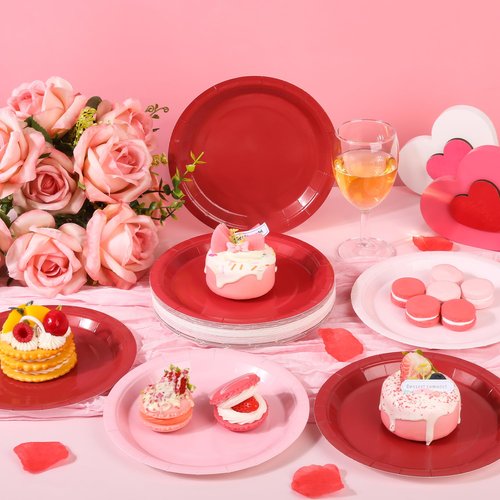 AimFun 48 Pcs Red Pink Paper Plates Valentines Day Gradient Color Party Plates 7 Inch Disposable Round Dessert Cake Plates for Baby Bridal Shower Birthday Mother's Day Party Supplies