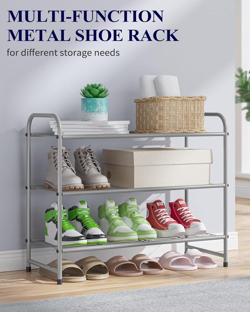 Kitsure Shoe Rack - Sturdy Stainless Steel Shoe Organizer for Closet & Entryway | 3-Tier, 25.6" Wide, Grey