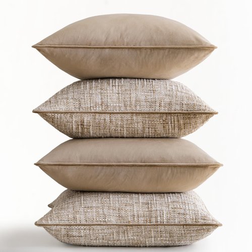 a moment Khaki 4 Pack Throw Pillow Covers - Chenille & Velvet Set with Piping, Farmhouse Textured Design Cushion Cases for Couch Sofa Bed (18x18 Inch, No Insert)