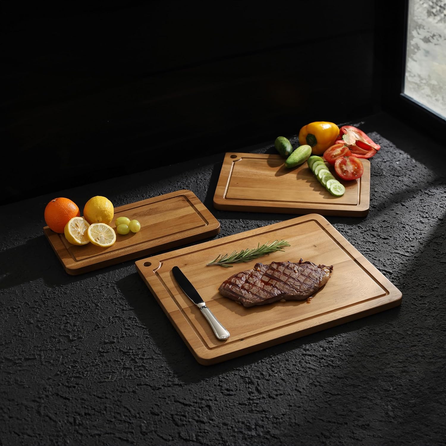 Sango Acacia Cutting Board Set - 3-Piece Wood Chopping Boards with Juice Grooves & Hanging Holes | Stackable, Reversible, Non-Toxic Design for Kitchen