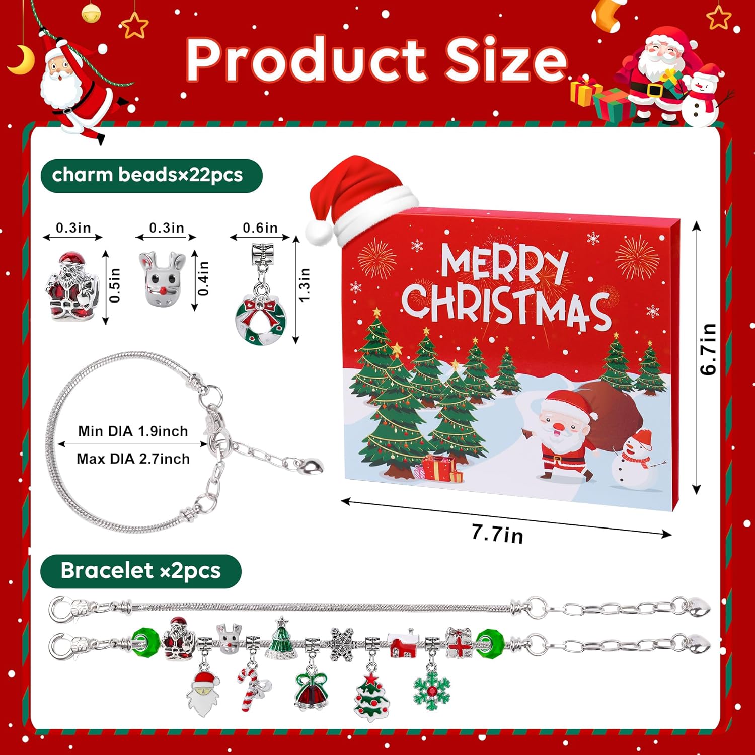 Skiennix Christmas Advent Calendar Bracelet Kit - 24-Day Countdown with 22 Charms & 2 Adjustable Bracelets for Girls & Teens