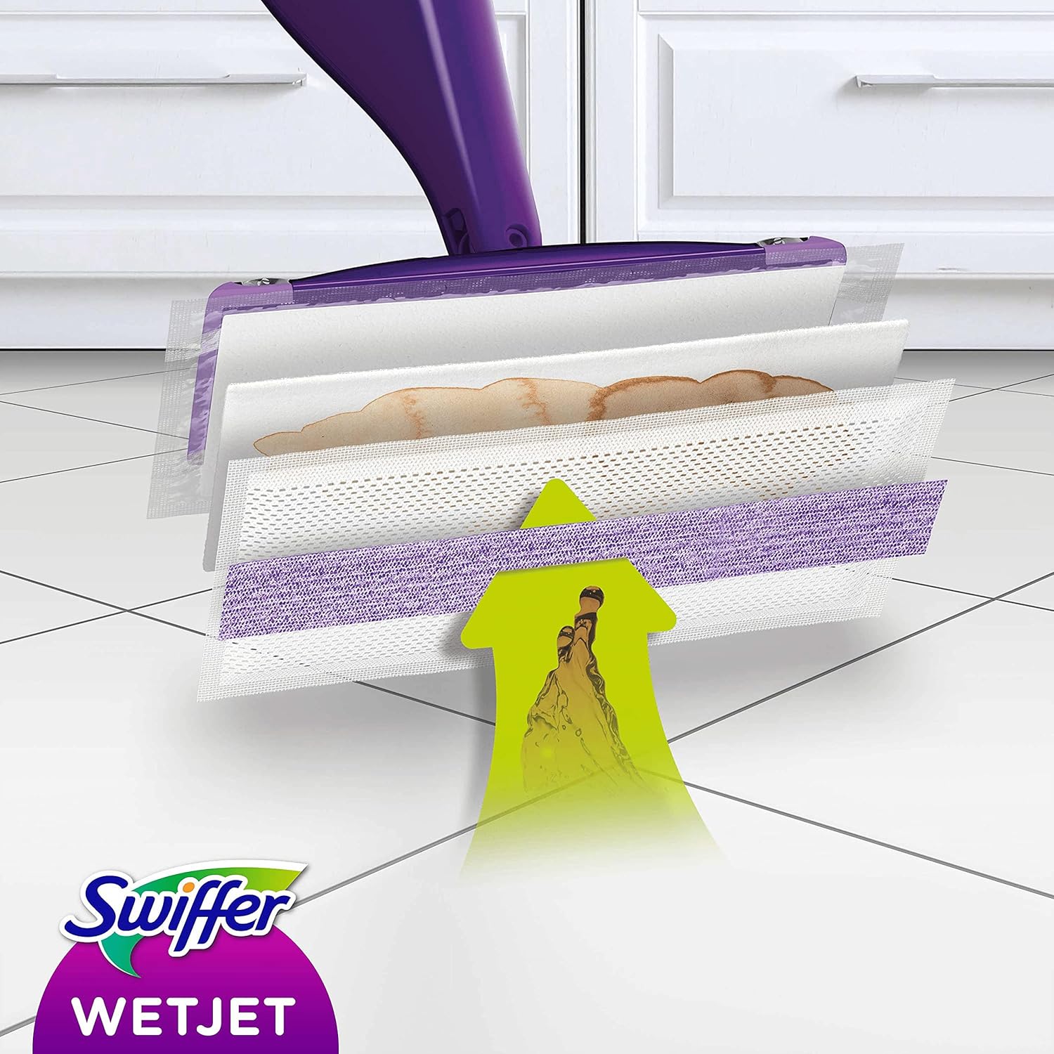 Swiffer WetJet Floor Spray Mop Starter Kit - Includes 1 Mop, 5 Pads, Cleaning Solution & 4 Batteries