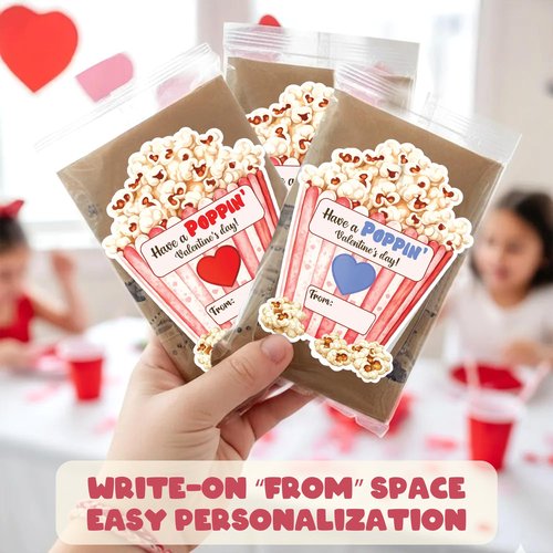 KATINAT Have a Poppin Valentines Day Sticker, Valentines Day Cards for Kids, Popcorn Valentine Stickers, Preschool Class Party Favor Treat, Boys, Girls, Popcorn and String Not Included (24pcs)