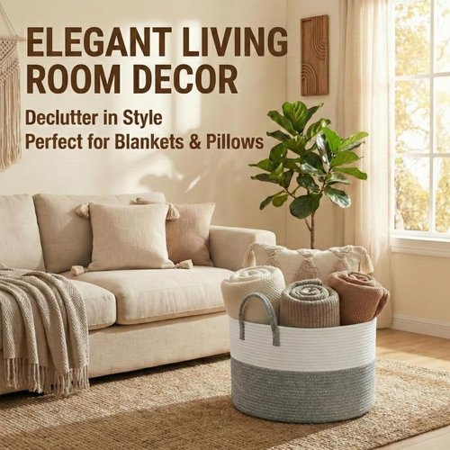 **JMvicyroam Extra Large Blanket Basket - Woven Cotton Rope Laundry Hamper with Reinforced Handles | White & Grey**