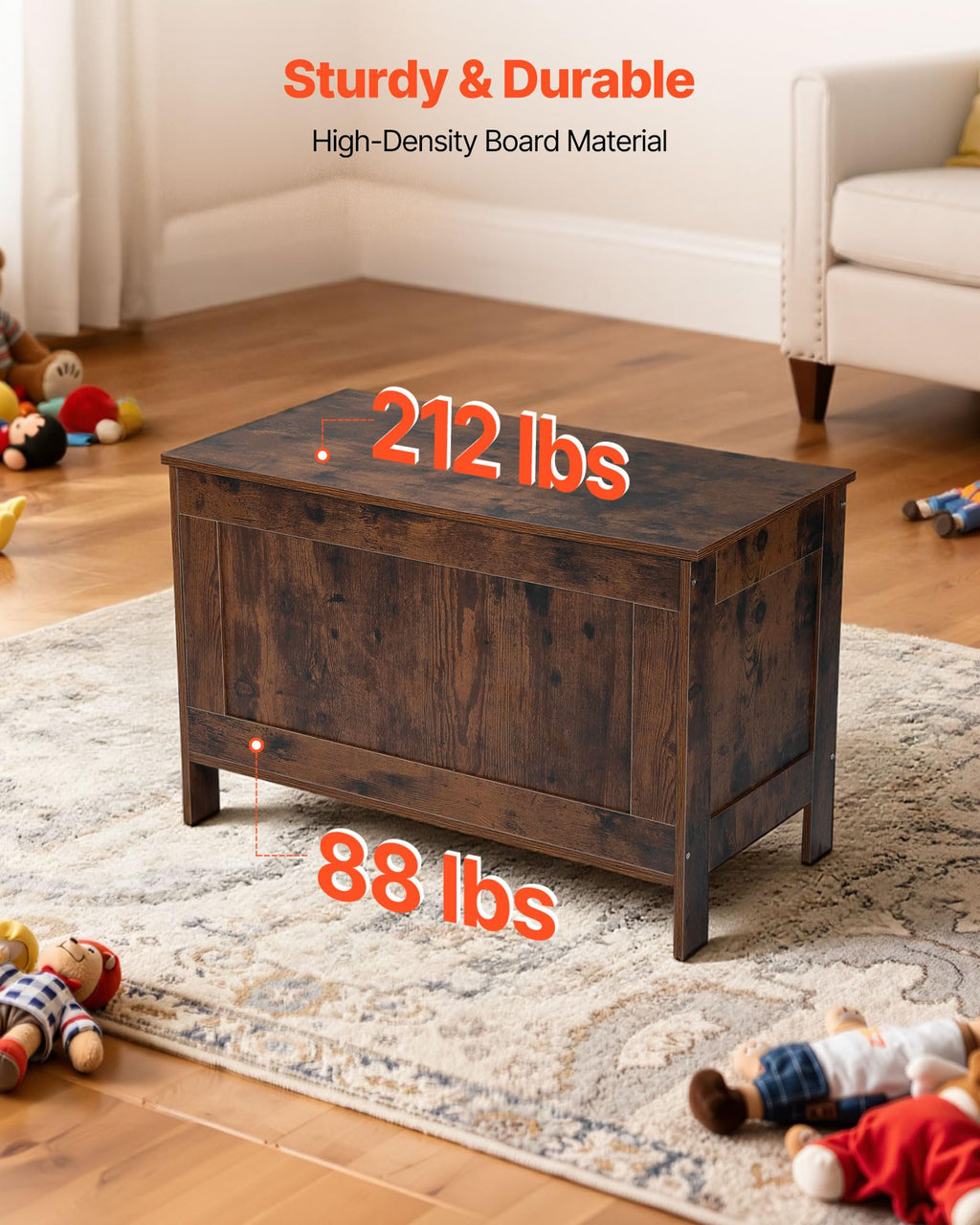 VEVOR Kids Storage Bench, Wooden Toy Box Chest, Large Storage Cabinet with Safety Hinge, Toddlers Retro Storage Bench for Playroom, Living Room or Entryway, 29.7 x 15.3 x 18.9 in, Easy Assembly, Brown