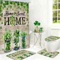 MEHOFOND 4pcs St. Patrick's Day Shower Curtain Set with Non-Slip Rugs Toilet Lid Cover and Bath Mat,Green Shamrock Clover Shower Curtain Set,Irish St Patrick's Day Home Sweet Home Bathroom Decor