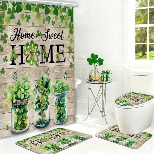 MEHOFOND 4pcs St. Patrick's Day Shower Curtain Set with Non-Slip Rugs Toilet Lid Cover and Bath Mat,Green Shamrock Clover Shower Curtain Set,Irish St Patrick's Day Home Sweet Home Bathroom Decor