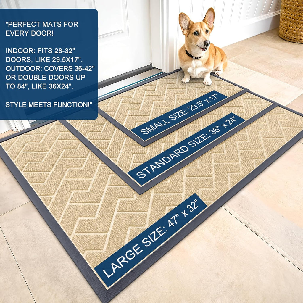 OLANLY Indoor Outdoor Front Door Mat - Waterproof All-Season Herringbone Doormat | Easy Clean, Beige 47x23
