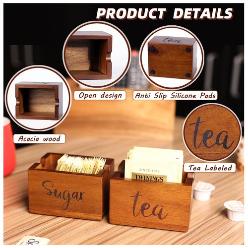 Acacia Sugar Packet Caddy for Coffee Bar, Farmhouse Wood Sugar Holder Packets , Sugar Packet Container, Small Tea Bag Organizer for Office Table,Hotel, Restaurant, Brown Labeled "Tea"