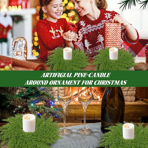 6PCS Christmas Cedar Candle Rings Wreaths 12 Inch Artificial Pine Garland Candle Ring Holder for Christmas Cabinet Table Chair Windows Wedding Doors Xmas Tree Centerpiece Decorations
