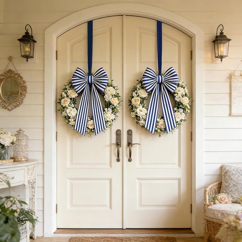AZYM Wreath Sash Set - Elegant White and Blue Ribbon Accessories for Indoor/Outdoor Decor