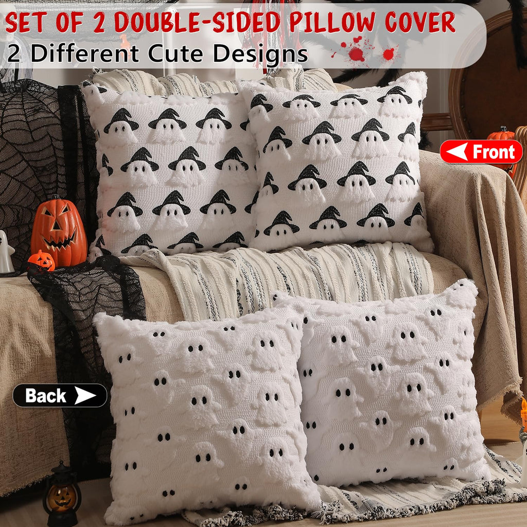 multiwins Halloween Decorations Set of 2 Double-Sided Halloween Pillow Covers 18" x 18", with 2 Different Looks, Cure White Ghost & Ghost with Hat, Plush Faux Fur Throw Pillow Covers for Home Decor