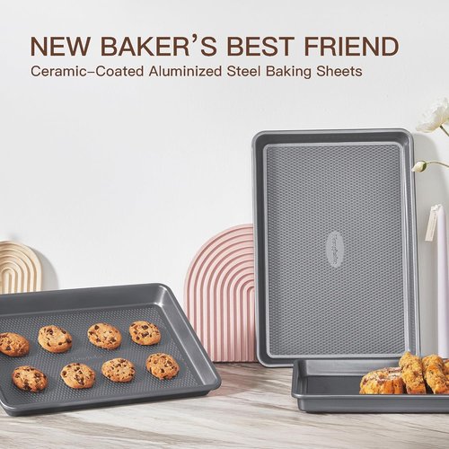 HONGBAKE Nonstick Ceramic Baking Sheet Pan Set - 3 Pack Half/Quarter/Jelly Roll Pans, Charcoal Gray