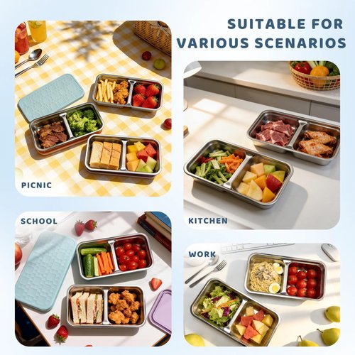 Mostdream 3 Pack 15 oz Stainless Steel Snack Containers for Kids, Reusable Metal Snack Containers with Silicone Lids, 2 Compartment Stackable Metal Toddler Lunch Box for Daycare, School and Outdoor