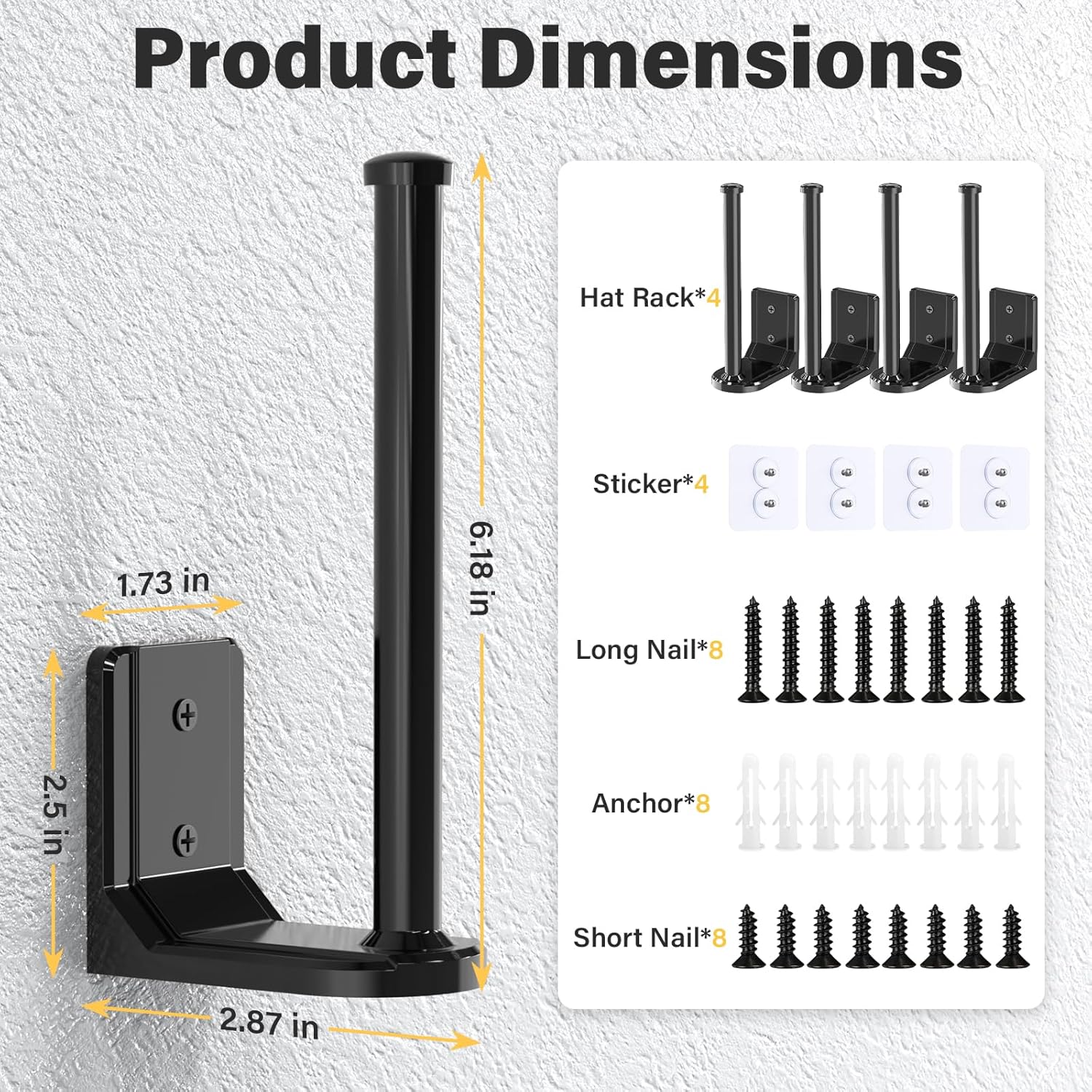 Skiennix Adhesive Hat Hooks - 4 Pack Wall-Mounted Hat Rack for Baseball Cap Storage | Black