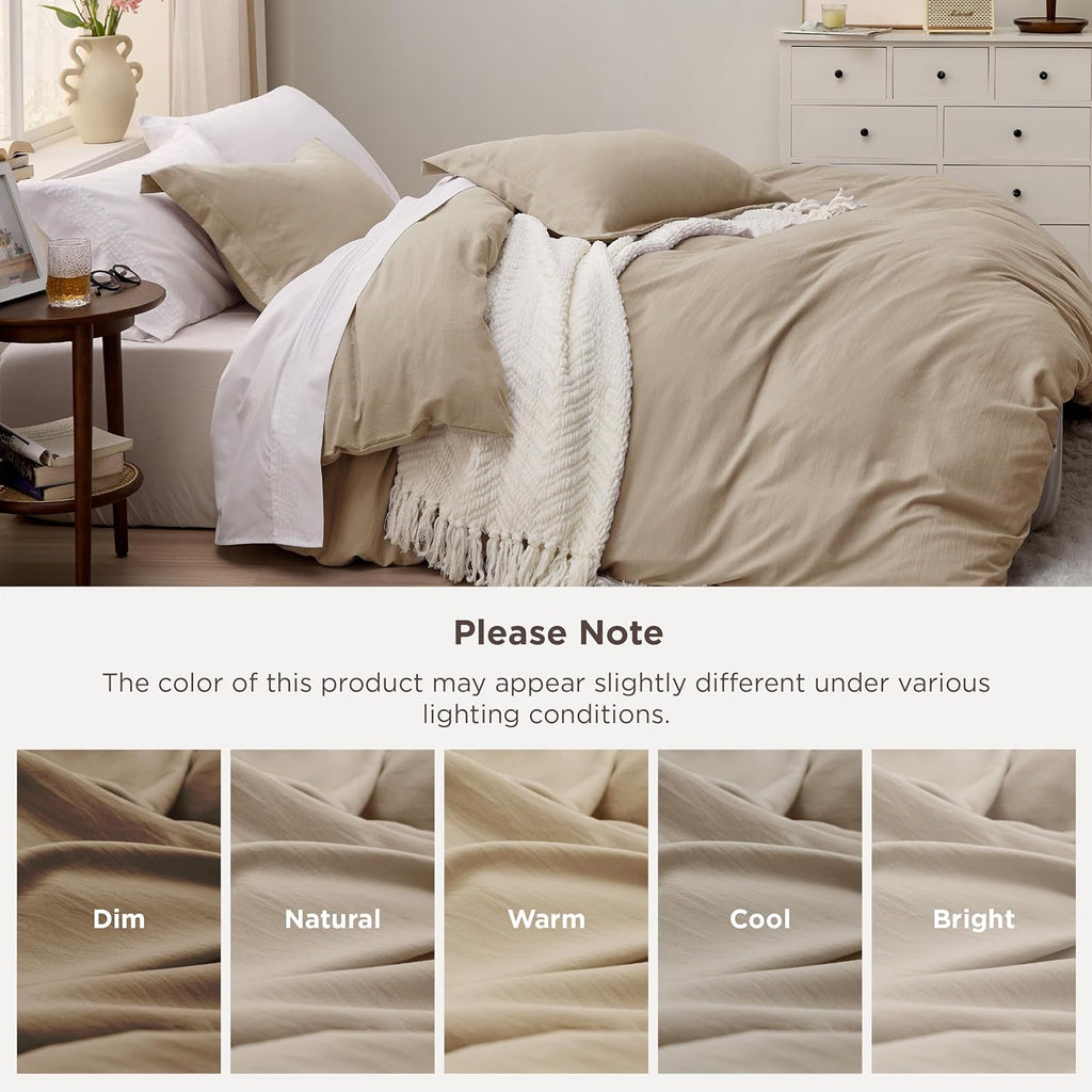 Bedsure King Size Duvet Cover Set - Extra Soft Prewashed Cotton-Like Bedding, Light Brown | 3 Pieces, Zipper Closure