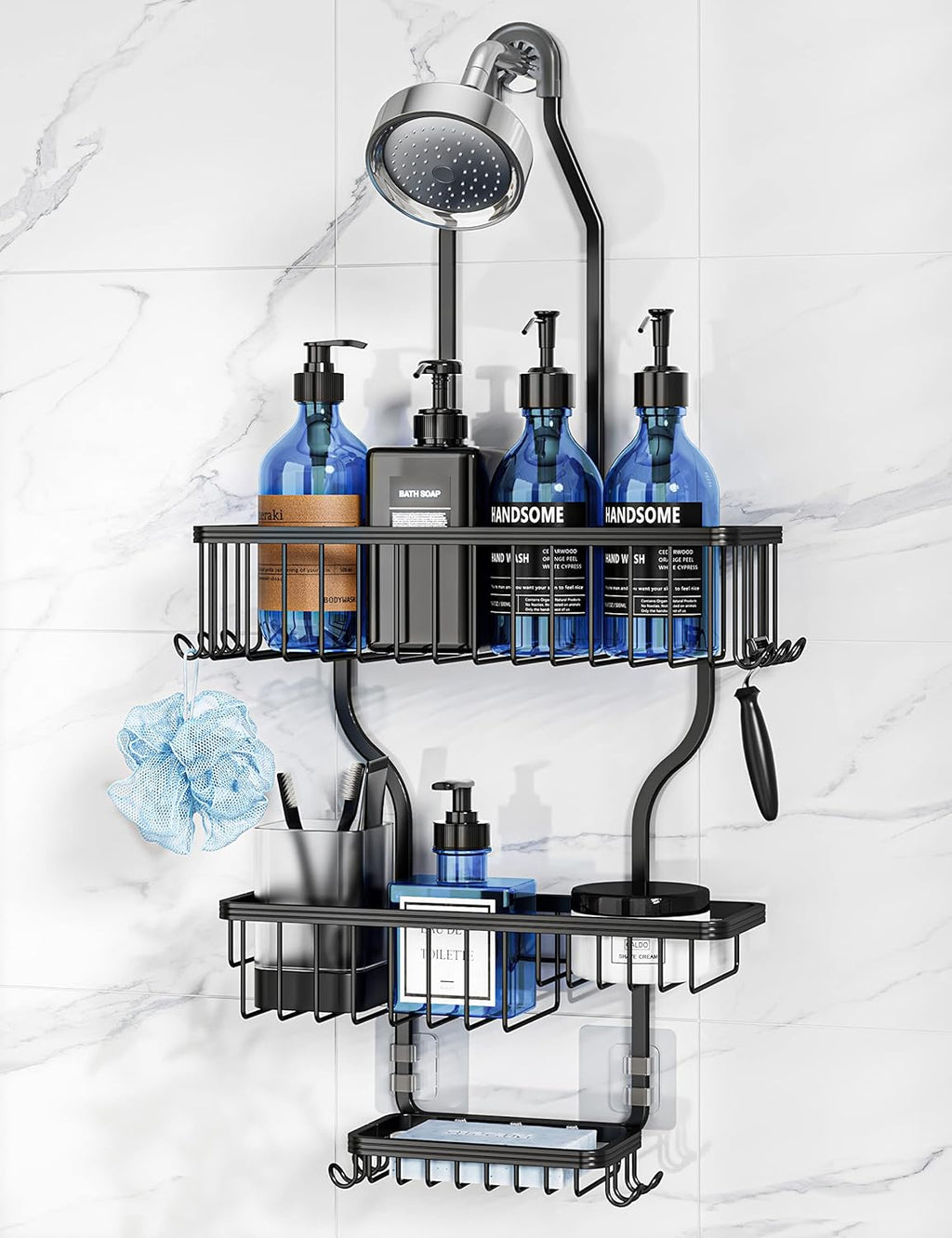 YASONIC Shower Caddy - Durable Aluminum Over Shower Head Organizer with 10 Hooks & Soap Basket - Black