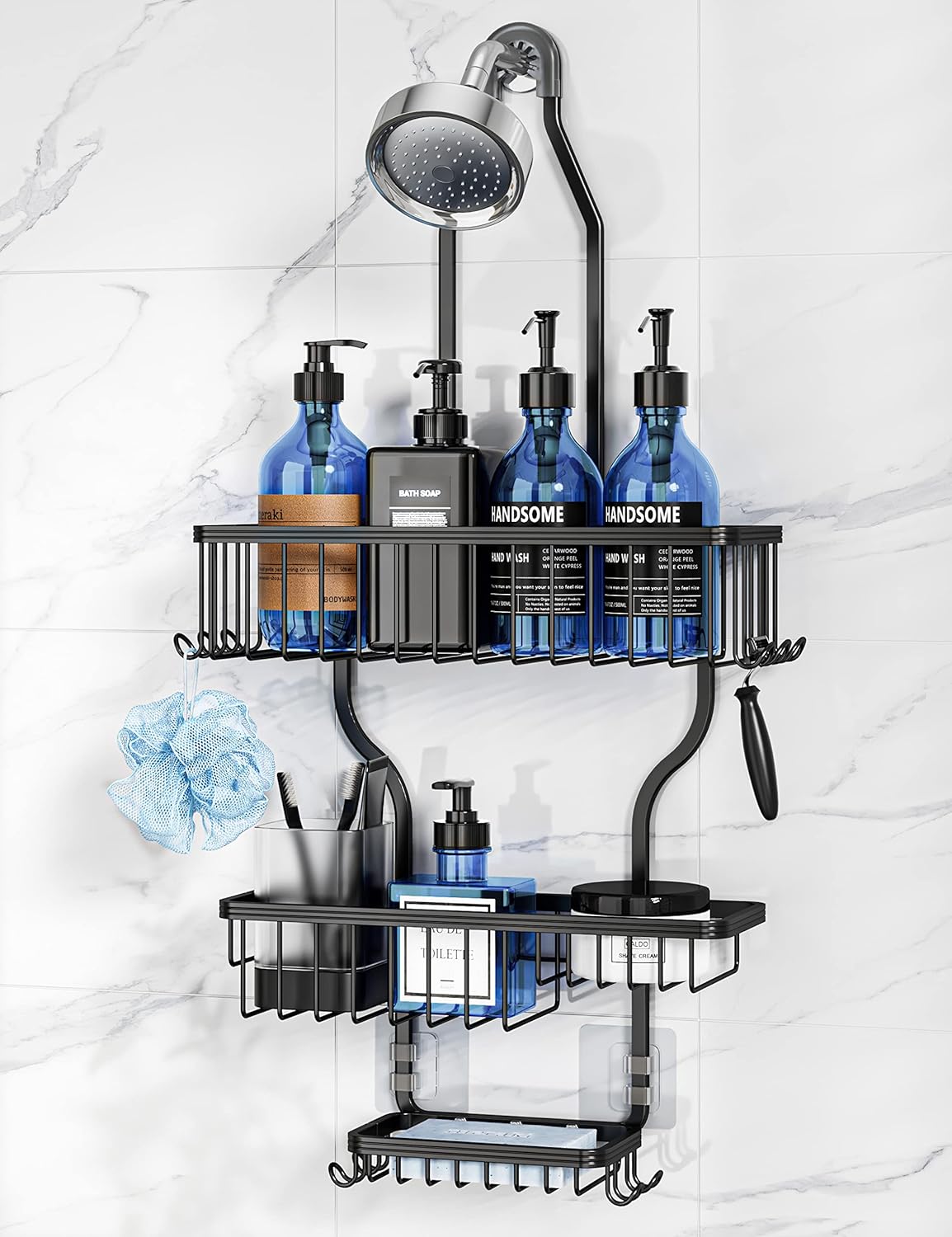 YASONIC Shower Caddy - Durable Aluminum Over Shower Head Organizer with 10 Hooks & Soap Basket - Black