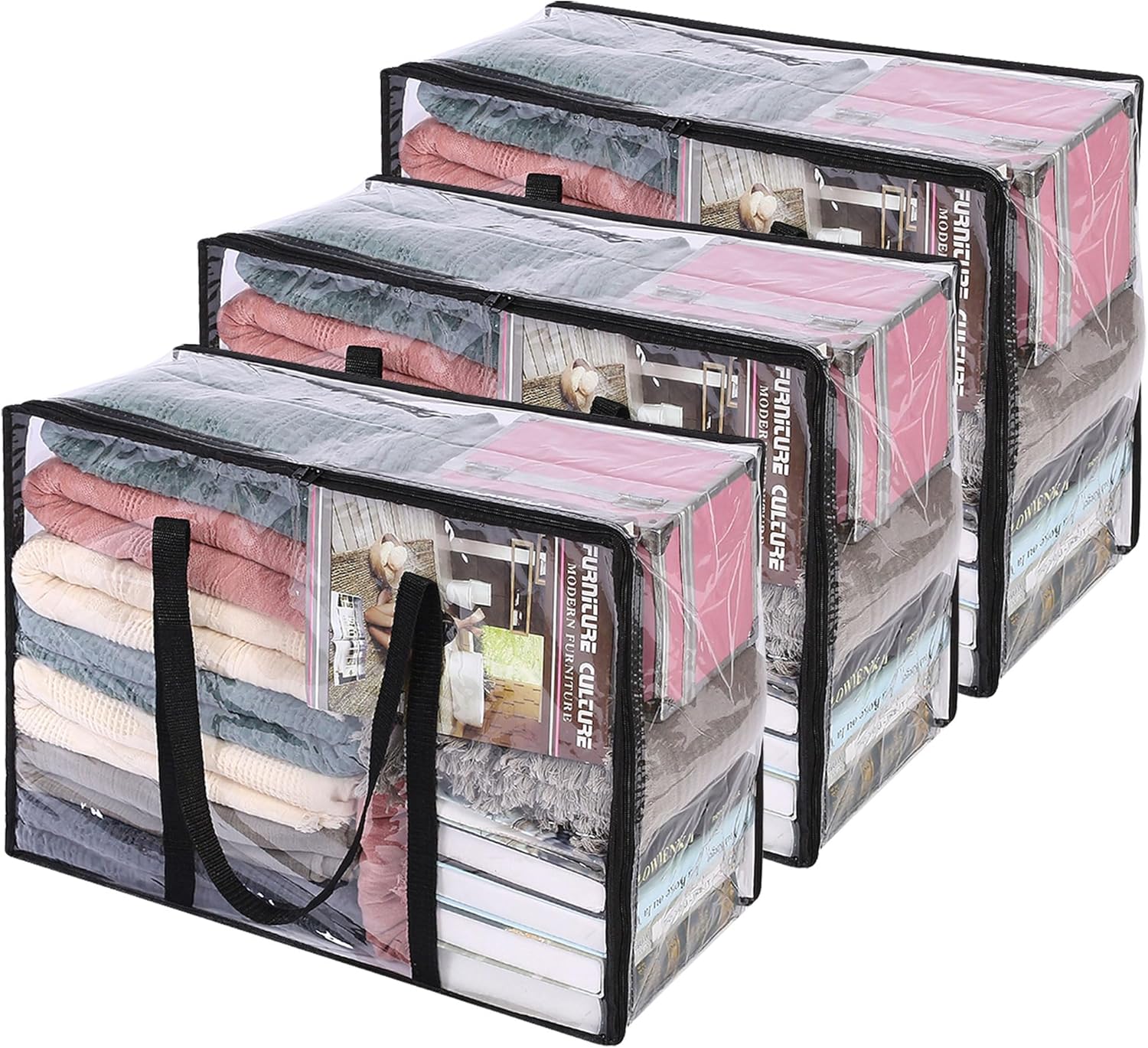 Vieshful Clear Clothes Storage Bags - 40L Zippered Blanket Organizer | Foldable for Bedding & Toys